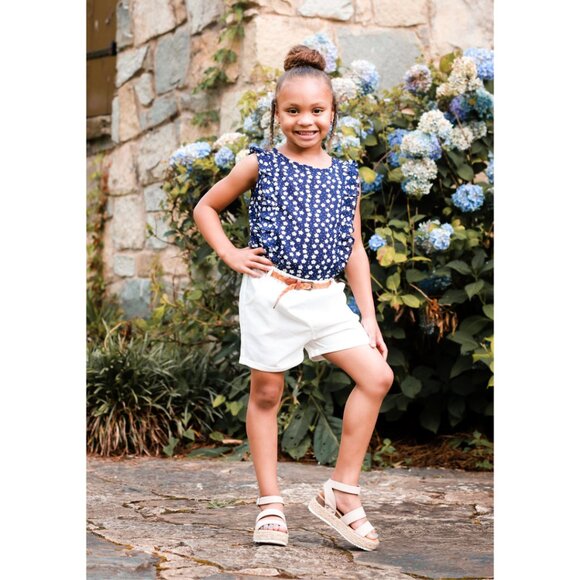 NWT - Girls 2pc Navy Floral Short Set - Picture 1 of 4